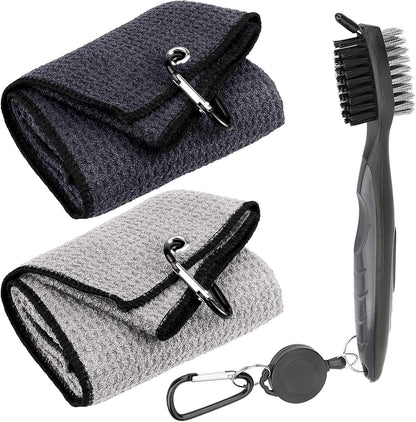 3 Pack Golf Towel Clean Set| Microfiber Waffle Pattern Tri-Fold Golf Towel | Brush Tool Kit with Club Groove Cleaner |Golf Accessories for Men, Women (Black/Gray Towel+ Gray Brush)